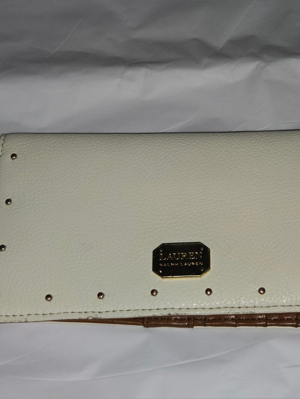 Lauren Ralph Lauren Vintage Off White Leather Studded Flap Continental Wallet